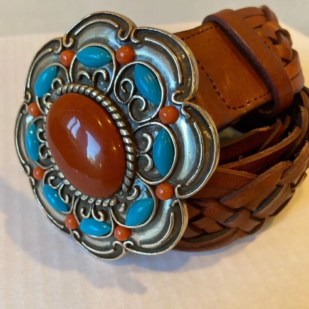 Olga Santini genuine brown leather western belt with large jeweled buckle, M